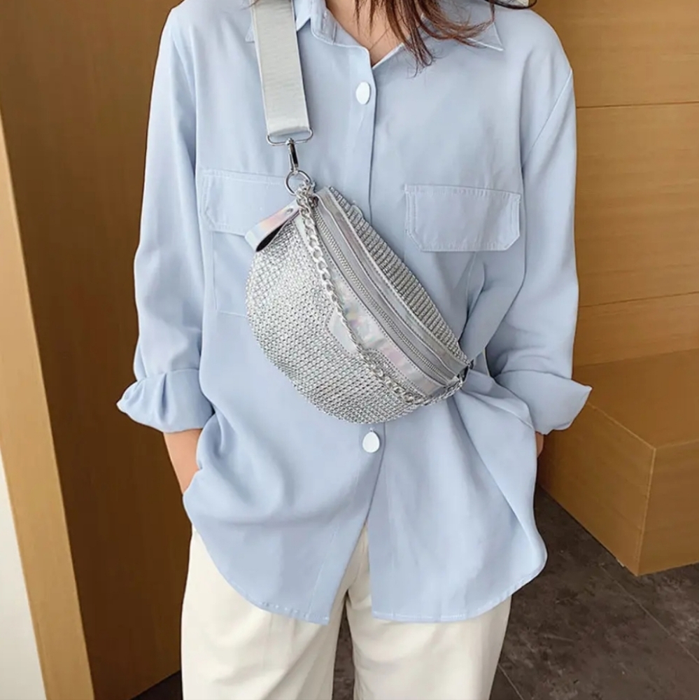 Silver Sparkle Rhinestone Beaded Fanny Pack Glitter Crossbody Belt Bag Purse NWT